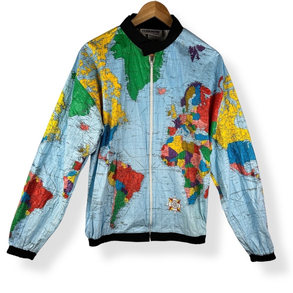 Ty Breakers World Map Jacket Mens Large Vintage 90s Tyvek Paper Unique Colorful